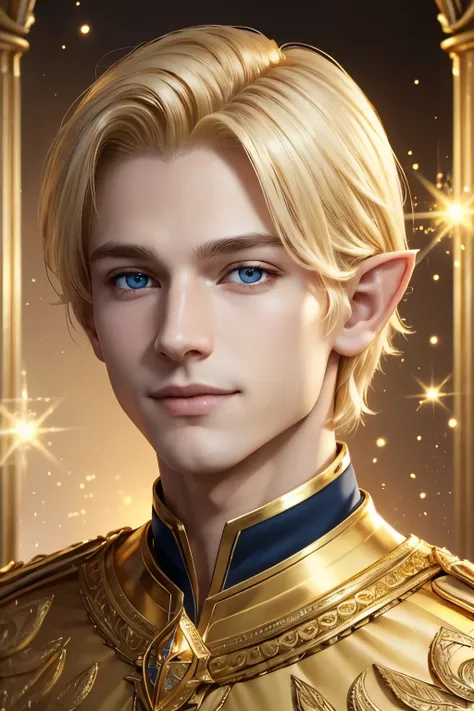 ((High quality)), face detailed, symmetrical face, young face, realistic character, man character,  light power, magic gold particles, gold short hair, blond, pale skin, innocent face, happy expression, gold eyes, elven, perfil pose, royal clothes, no bear...