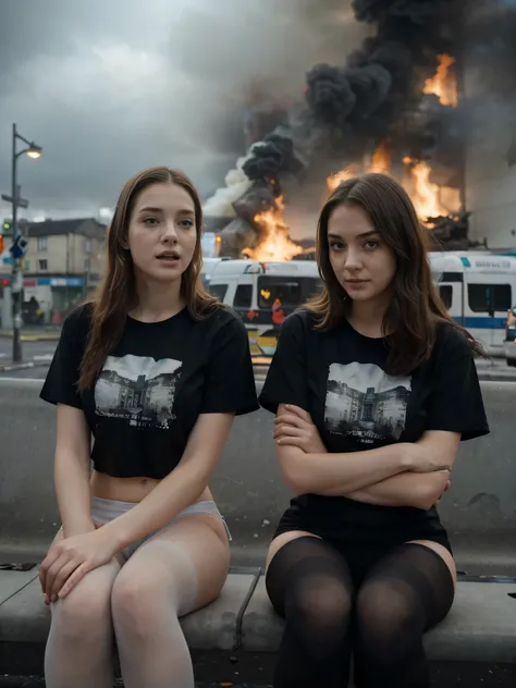 (((high definition))), two very beautiful school age pale girls, staring at the viewer, crowd of people running behind them acting hysterical, burning buildings, smoke, wearing bikini bottom, black t-shirt, sitting at a bus station in Scotland, raining, we...