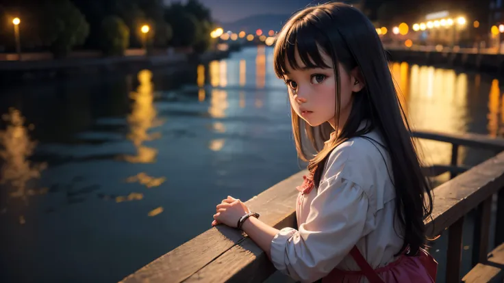 young girl looking at river at night image
