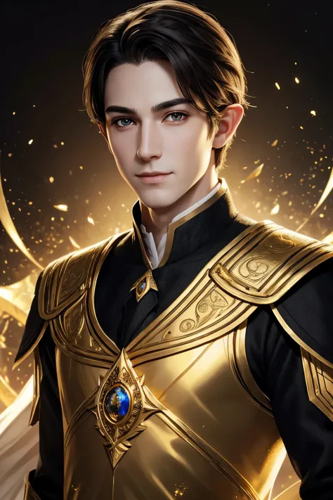 ((High quality)), face detailed, symmetrical face, realistic character, man character,  light power, magic gold particles, black short hair, pale skin, innocent face, happy expression, gold eyes, elven, perfil pose, royal clothes, no beard.