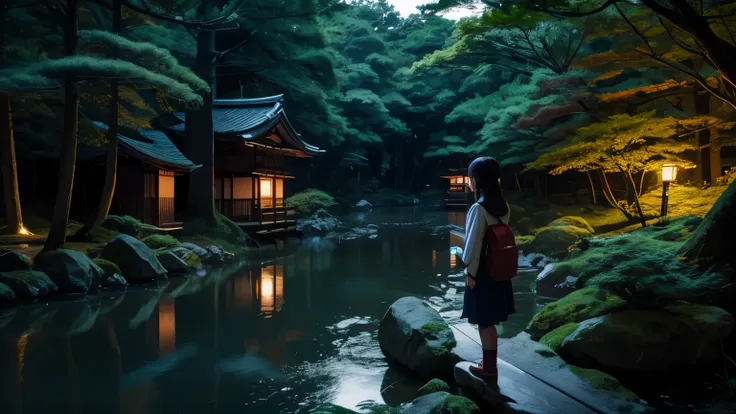 japan young girl looking at river at night in forest amazing image
