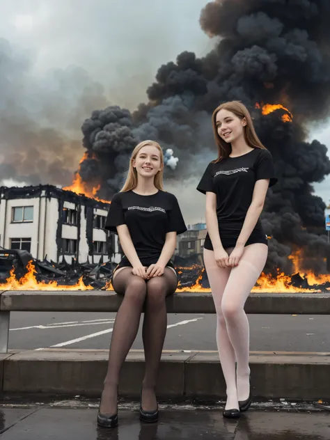 (((high definition))), two very beautiful school age pale girls, staring at the viewer, crowd of people running behind them acting hysterical, burning buildings, smoke, wearing bikini bottom, black t-shirt, sitting at a bus station in Scotland, raining, we...