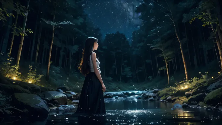 A young woman with long, flowing hair stands mesmerized at the edge of a moonlit forest stream. The air shimmers with fireflies, and the water reflects the starry night sky. The scene is breathtakingly beautiful and full of wonder.
