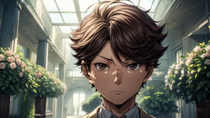 1 man, oikawa tooru, looking in front, facing forward, looking at viewer, perfect face, flowers, plants, cinematic lighting, inn...