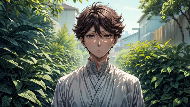 1 man, oikawa tooru, looking in front, facing forward, looking at viewer, perfect face, flowers, plants, cinematic lighting, inn...