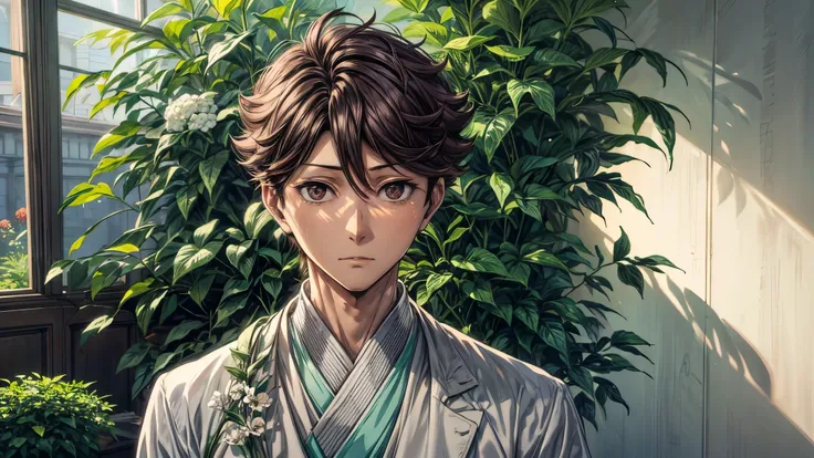 1 man, oikawa tooru, looking in front, facing forward, looking at viewer, perfect face, flowers, plants, cinematic lighting, inn...