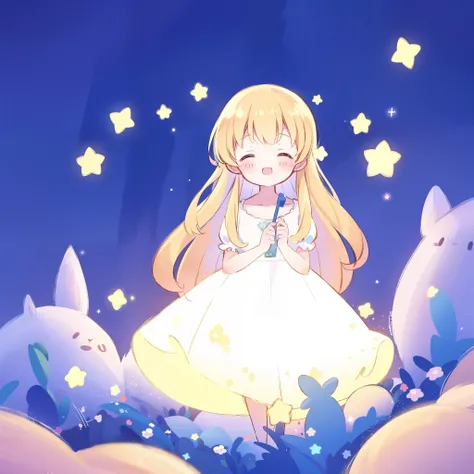 complex background, wishing star garden, a cute girl wearing an ethereal glowing dress that reflects the stars, dreamy, peaceful, serene composition, glowing stars, glowing, magical, cute, complex drawing, highly detailed, ethereal, starry night, midjourne...