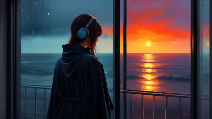 a woman standing in front of a window, looking out window, wearing a black robe, seaside background, wearing headphones, a digital painting inspired by Alena Aenami, pixiv, realism, rainy night. digital illustration, blurred and dreamy illustration, blues,...