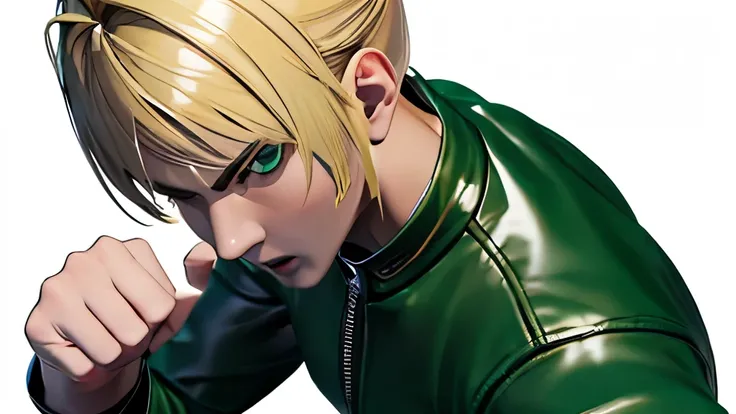 blonde、amount、Green Leather Shirt、Face Up、Boxing stance