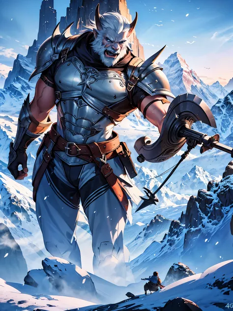 a white orc with a crossbow in hand, quiver on back, leather armor, green landscape with snow-capped mountains in background, clear eyes, looking towards camera, no tusks, (best quality,4k,8k,highres,masterpiece:1.2),ultra-detailed,(realistic,photorealisti...