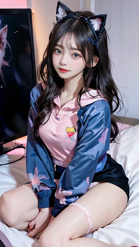 /imagine a beautiful anime girl live streaming from her room, with long black hair, big blue eyes, wearing a pink hoodie and a cute headset with cat ears, sitting in front of a modern computer setup with colorful LED lights, surrounded by plushies and post...