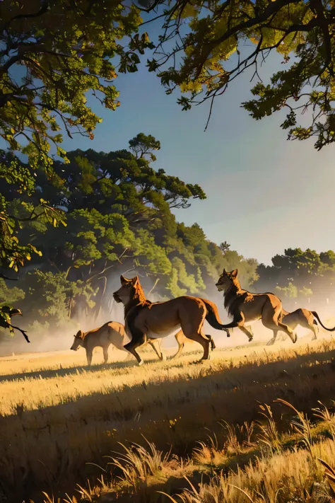 The image depicts a dramatic scene in the forest, where a deer is seen fleeing from a group of lions. O cervo, in panic, runs quickly between trees and dense vegetation, with tense muscles and wide eyes, reflecting the terror of persecution. Its fur has se...