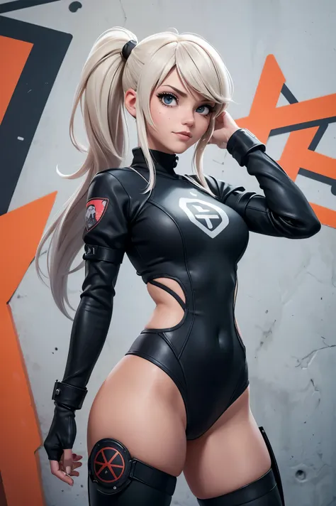 gwen tennyson,tracer,yshtola rhul,yorha 2b,Supervision,nier automata,piloto mecha,pista escolar,tatuajes,plugsuit naranja y rosa,top blanco de lycra manga corta,leggins cargo blancos,vientre descubierto,cabello corto,maquillaje punk,ojos verdes,cabello pla...