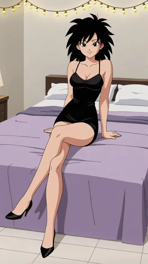 source_anime, score_9,score_8_up, score_7_up, ginedb, anime screencap, 1girl, solo, looking at viewer, smile, medium breasts, black hair, bare shoulders, medium breasts, smile, standing, cowboy shot, medium hair, black eyes, spiked hair, eyelashes, masterp...