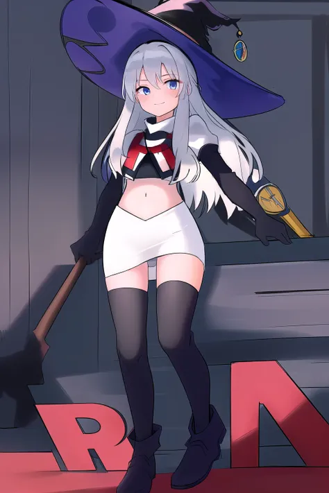 best quality, highly detailed, masterpiece, ultra-detailed, witch_hat, hat, 1girl, long_hair, solo, team rocket,team rocket uniform,white skirt,red letter R,crop top,black thigh-highs,black elbow gloves,looking_at_viewer, witch,