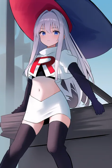 best quality, highly detailed, masterpiece, ultra-detailed, witch_hat, hat, 1girl, long_hair, solo, team rocket,team rocket uniform,white skirt,red letter R,crop top,black thigh-highs,black elbow gloves,looking_at_viewer, witch,