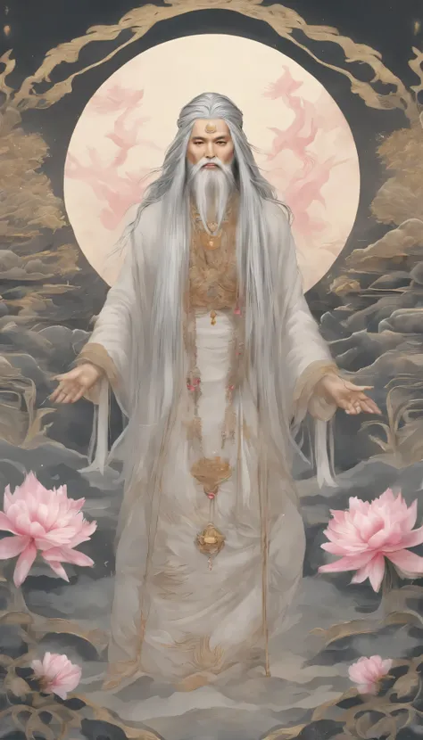 A masterpiece of traditional ink painting、Shining gold in the center、Her long grey hair fluttering、It depicts a wise man adorned with piercing, captivating pink eyes.。This multifaceted man、Showing a mysterious presence、Boasting multiple hands and faces、Eac...