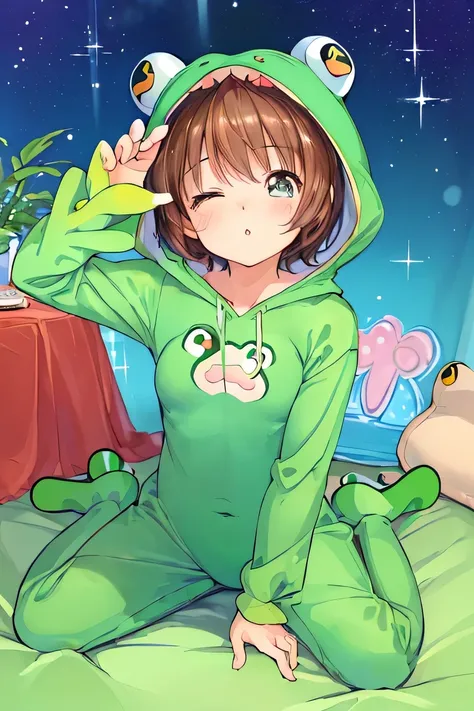 ((masterpiece)), ((best quality)), (ultra-detailed), ((kawaii)), cute, (lovely), illustration, anime style, upper body, upper body focus, a cute girl, (bedroom), (frog full-body costume:1.2), (kigurumi), sitting, (beautiful eyes), beautiful light brown hai...