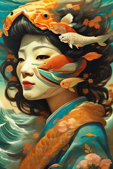 koi carp dressed in traditional japanese kimono、(woman with a carp face:1.7)