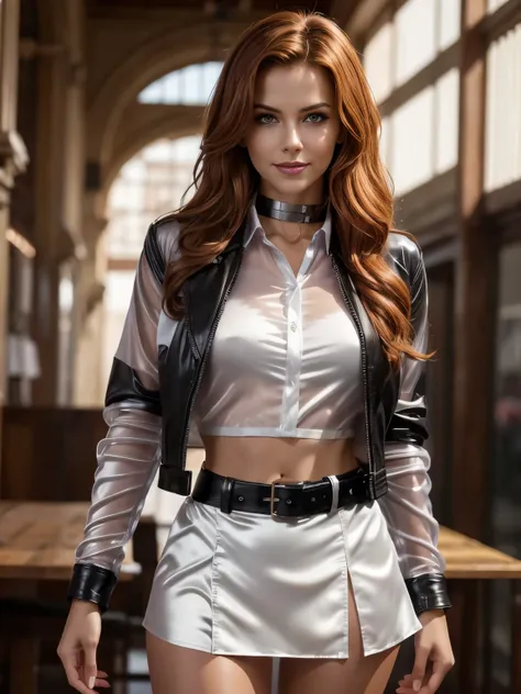 Super Detailed midbody image of gorgeous young woman with red wavy hair, massive metal posture collar, fierce look, (cropped leather jacket:1.3), (transparent white satin shirt :1.4), (see-through satin short), (transparent shirt), (leather skirt),standing...