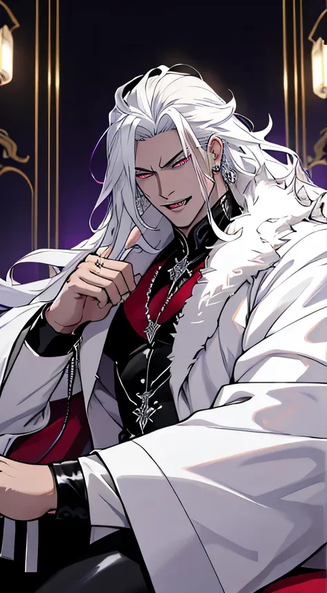 masterpiece, highest quality, ethereal,1guy, solo, ,  two-toned black and white hair, venom eyes, porcelain skin, long hair, wearing white fur coat animal print, black tight pants, luxury red room, jewelry, depth of field, cinematic lighting, muscular,  co...