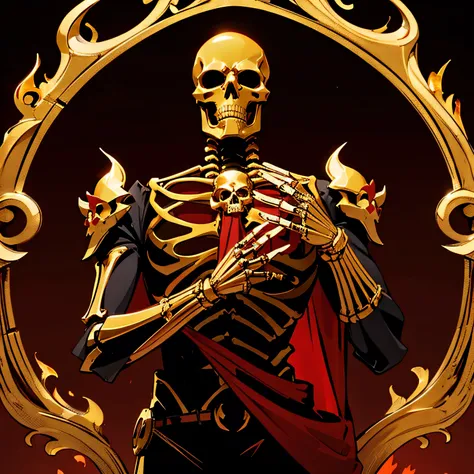 half skeleton body with red and gold shades. skull looking in front of him. golden orns . no fire