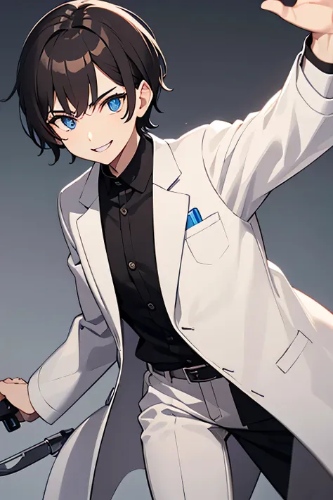 Dark brown hair　Bime　Neutral face　Im wearing a white coat　Black trousers　doctor　　Psycho Smile　Mash Hair　Black trousers　Bime　Holding a medical scalpel in hand　Crazy smile　Blue Eyes　short hair