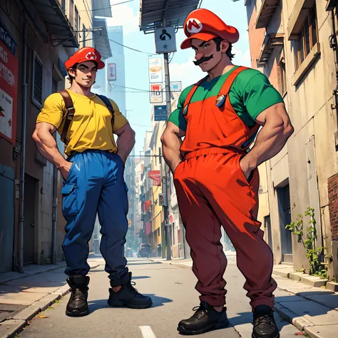 super mario as a good looking young guy posing for a picture, cool pose, full body, with his hands in the pockets, wearing super mario casual cloths,