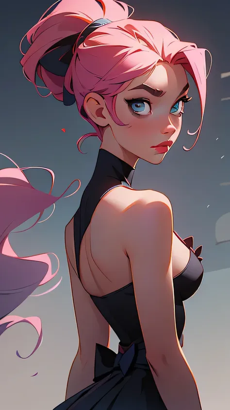 (Masterpiece, Best Quality: 1.5) Intriguing: 1.4, distinct features, captivating eyes, enigmatic expression, solo promo art created by renowned artist Mika Pikazo. Minimalist yet expressive style featuring a single girl with bare shoulders, her ponytail ca...