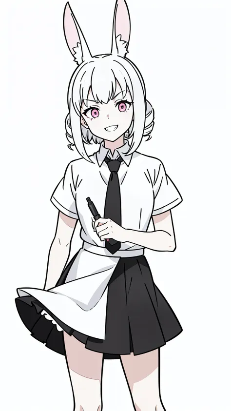 1girl,20 years old,solo,((white background,line drawing)),short hair,white hair,(((drill hair))),pink eyes,((white shirt,short s...