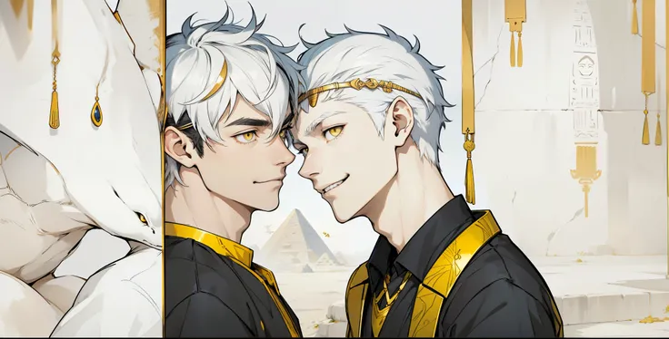 speaks to him intimidating mind smiles evilly cute 18 year old boy yellow eyes white hair ancient egyptian clothing golden jewelry