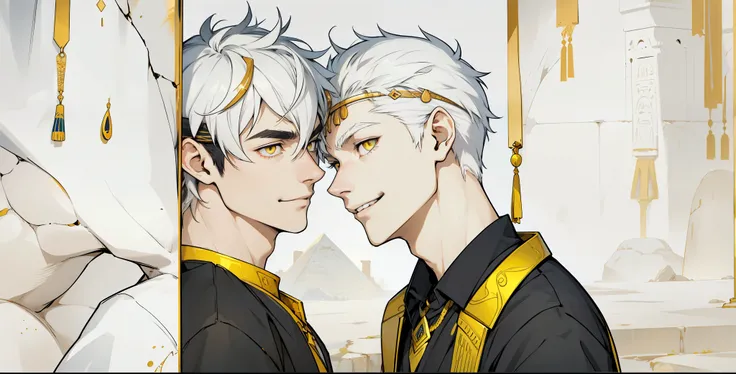 speaks to him intimidating mind smiles evilly cute 18 year old boy yellow eyes white hair ancient egyptian clothing golden jewelry