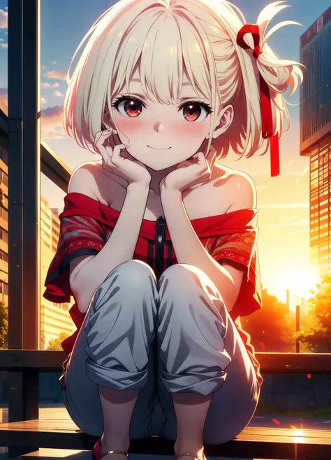 chisatonishikigi, Chisato Nishikigi, short hair, bangs, Blonde Hair, (Red eyes:1.5), hair ribbon, One side up, Bobcut,smile,blush,
Cord off-shoulder top,Short sleeve,skinny pants,Stiletto heels,morning,morning陽,The sun is rising,The whole body of the perso...