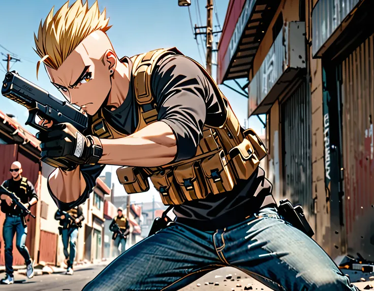 masterpiece, best quality, high res, 1boy, blonde hair, short hair, mohawk, perfect hands, finger on trigger, gloves, gun, holding gun, holding weapon, pistol, glock17, holster, male focus, rifle, (solo, solo focus), weapon, brown eyes, assault vest, black...