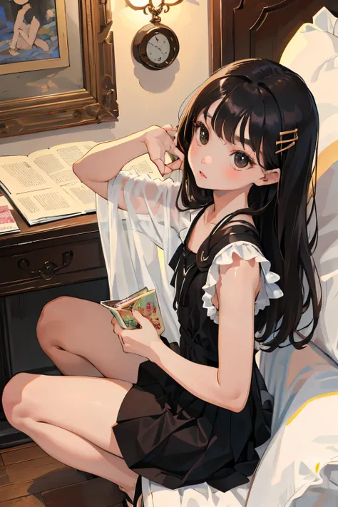 (child)，highest quality，Beautiful face in every detail，cute，Dark brown eyes，(背の低いcute女の子，Small young student，Young delicate girl）,（masterpiece，Top quality)，Black Hair，Sleepy expression，Sleeveless，(White mini skirt)，Crouching