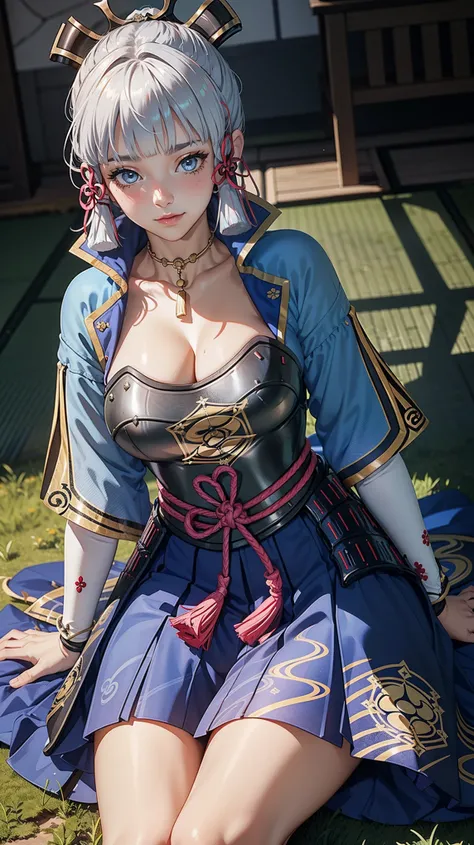 (Kamisatoayakadef), (narrow waist), blushing, official art, detail face, cg,looking at viewer, (sitting),indoor, (expansive landscape photography:1.2),(night), huge breast, cleavage