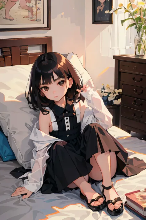 (child)，highest quality，Beautiful face in every detail，cute，Dark brown eyes，(背の低いcute女の子，Small young student，Young delicate girl）,（masterpiece，Top quality)，Black Hair，Sleepy expression，Sleeveless，(White mini skirt)，Crouching