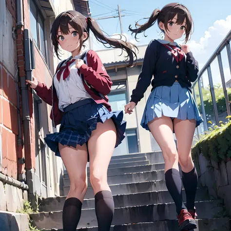 ((highest quality)), ((masterpiece)), (High resolution), 8K, best shadow, The best natural light, cinematic, Adult woman climbing the stairs、20-year-old, (brown hair, long twin tails)、Looking back, bashful、navy blazer、navy check skirt、(dark blue socks)、((R...