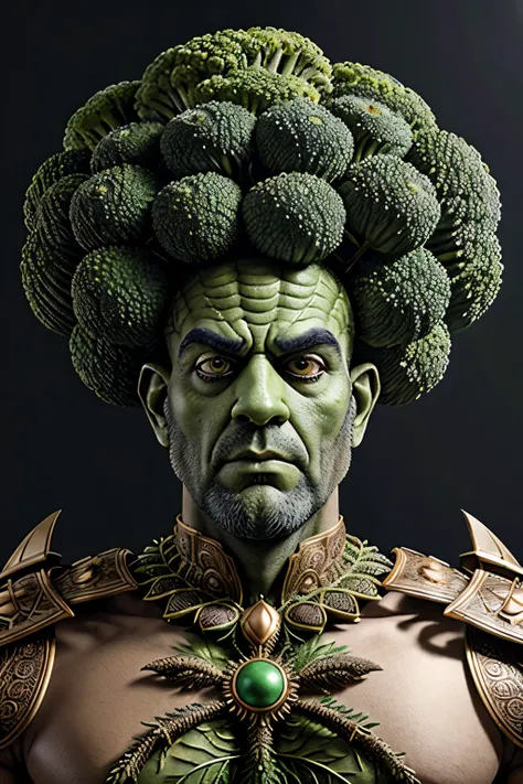 Striking portrait of a distinctive humanoid warrior, crafted in the likeness of a towering broccoli colossus. His muscular, verdant physique is adorned with minute, broccoli-like florets, giving him an otherworldly appearance. His countenance is serious ye...