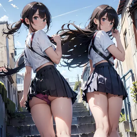 ((highest quality)), ((masterpiece)), (High resolution), 8K, best shadow, The best natural light, cinematic, climbing the stairs、Looking back, ((Rear view))、(Angle from directly below the rear), ((View from directly below))、On the way to school, (Skirts th...