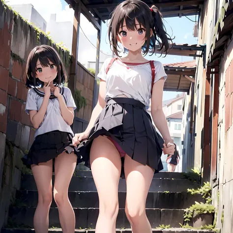 ((highest quality)), ((masterpiece)), (High resolution), 8K, best shadow, The best natural light, cinematic, climbing the stairs、3girls, smiling,  ((Rear view))、(Angle from directly below the rear), ((View from directly below))、(Skirts that turn over in st...