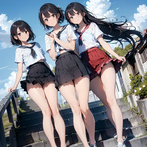 ((highest quality)), ((masterpiece)), (High resolution), 8K, best shadow, The best natural light, cinematic, climbing the stairs、3girls, Age 25, smiling,  ((Rear view))、(Angle from directly below the rear), ((View from directly below))、(Skirts that turn ov...