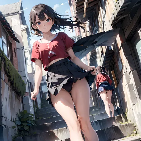 ((highest quality)), ((masterpiece)), (High resolution), 8K, best shadow, The best natural light, cinematic, climbing the stairs、3girls, Age 25, smiling,  ((Rear view))、(Angle from directly below the rear), ((View from directly below))、(Skirts that turn ov...