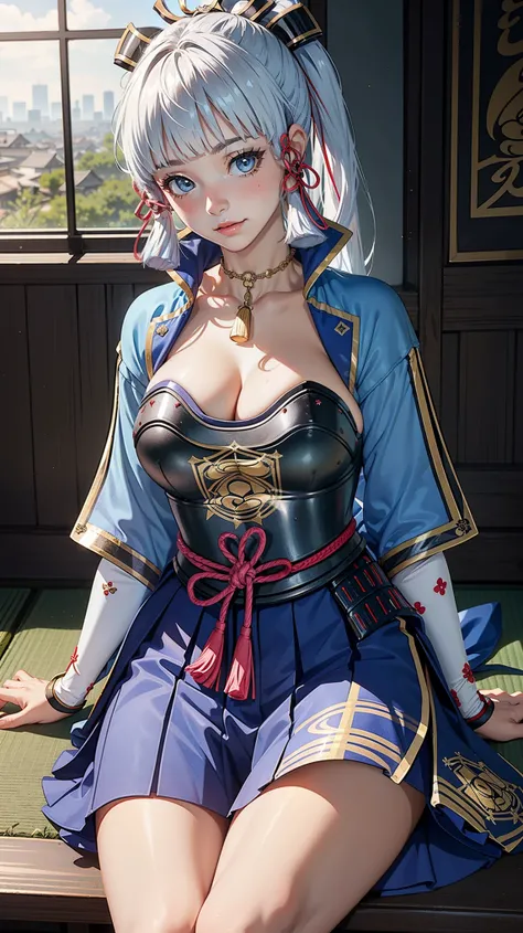 (Kamisatoayakadef), (narrow waist), blushing, official art, detail face, cg,looking at viewer, (sitting),indoor, (expansive landscape photography:1.2),(night), huge breast, cleavage