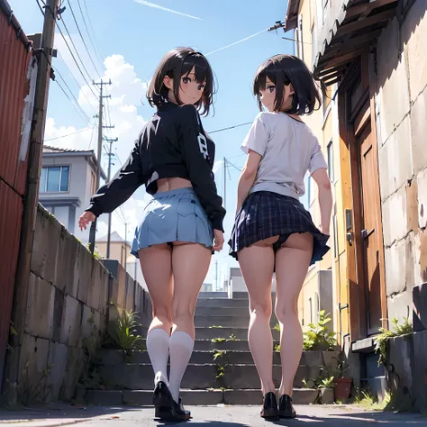 ((highest quality)), ((masterpiece)), (High resolution), 8K, best shadow, The best natural light, cinematic, climbing the stairs、3girls, Age 25, smiling,  ((Rear view))、(Angle from directly below the rear), ((View from directly below))、(Skirts that turn ov...