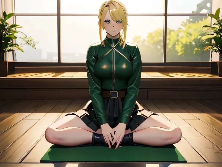 blonde、amount、green leather shirt、seiza、split seat、black pleated skirt