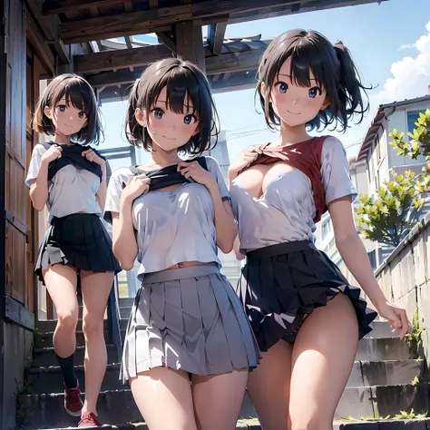 ((highest quality)), ((masterpiece)), (High resolution), 8K, best shadow, The best natural light, cinematic, climbing the stairs、3girls, smiling, ((Rear view))、(Angle from directly below the rear), ((View from directly below))、(Skirts that turn over in str...