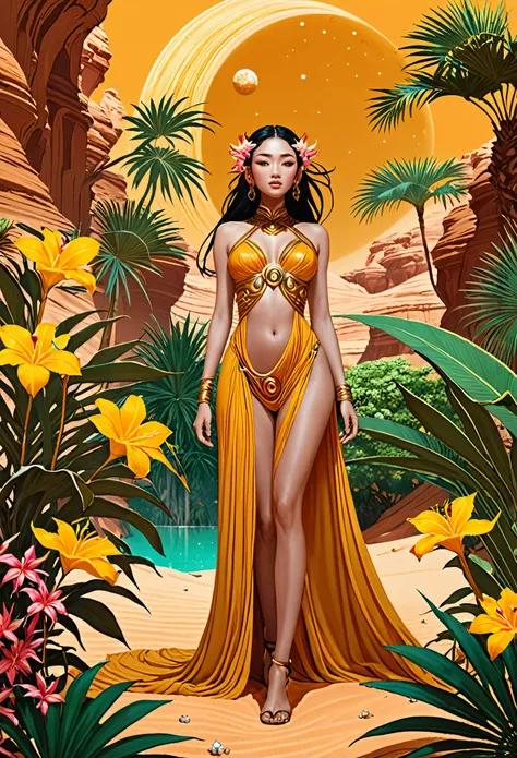 A god like Jupiter of a desert with ochre grain of sand, in juxtaposition duality with the nymph of an oasis with luscious vegetation and tropical flowers,  space opera confrontation, inspired by manhua aesthetics.