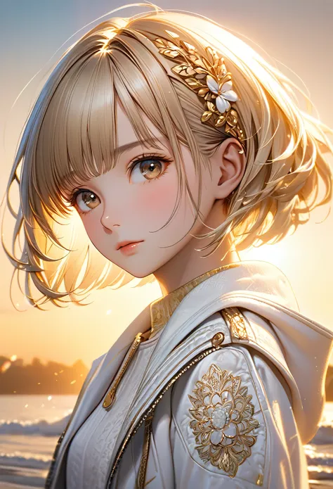 a young girl wearing a white cropped jacket, detailed face, intricate hairstyle with bangs, jewelry, cinematic lighting, golden hour, rule of thirds composition, highly detailed, 8k, best quality, photorealistic, masterpiece