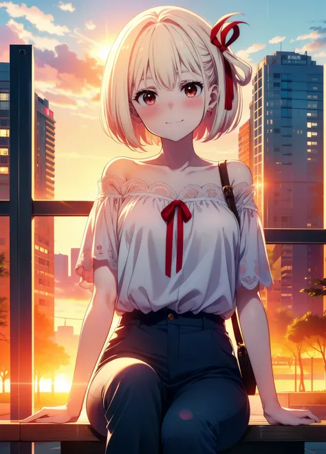 chisatonishikigi, Chisato Nishikigi, short hair, bangs, Blonde Hair, (Red eyes:1.5), hair ribbon, One side up, Bobcut,smile,blush,
Cord off-shoulder top,Short sleeve,skinny pants,Stiletto heels,morning,morning陽,The sun is rising,whole bodyがイラストに入るように,morni...